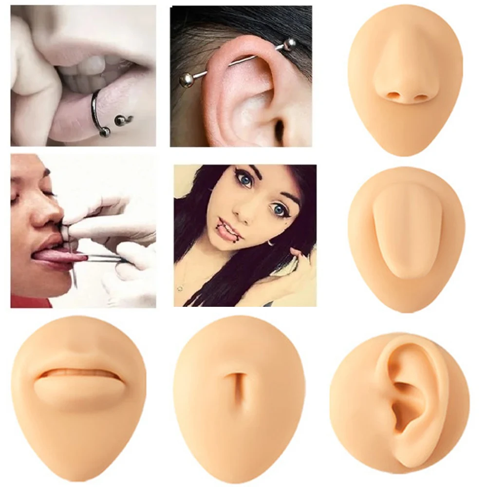 Practice Piercing Tools Silicone Simulation Face Model With Display Stand Human Mouth Nose Ear Tongue Model School Teaching Tool