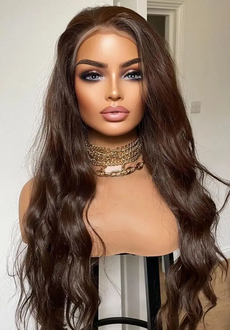 Wig Cokelat 13x4 HD Lace Front Wig Body Wave Lace Frontal Wig Water Wave Lace Wig 200 Density Sintetis Sedang Diskon