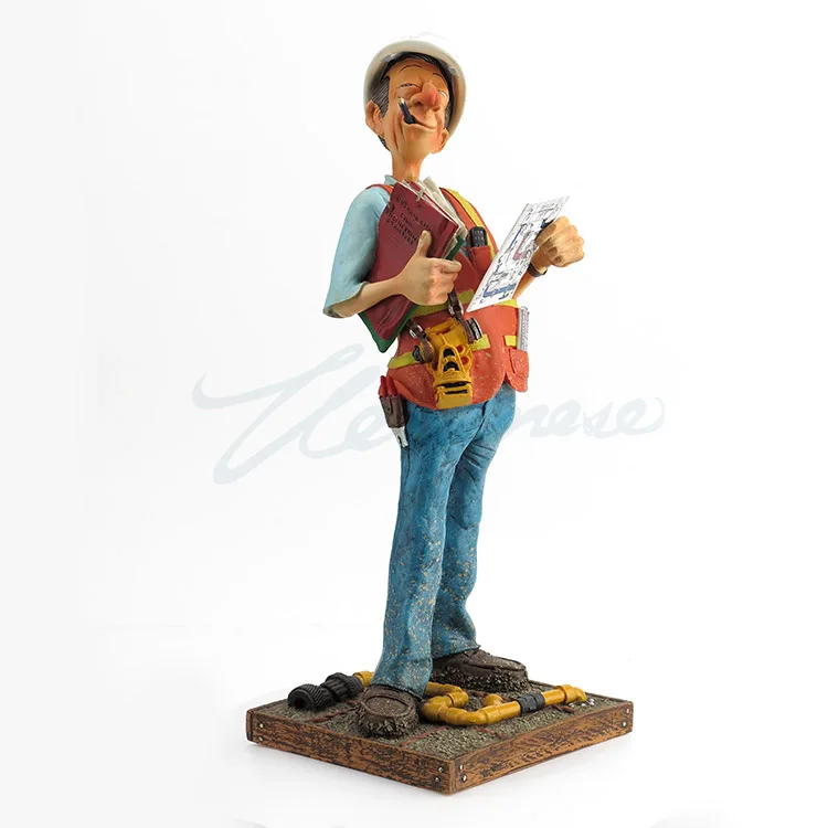 Cartoon Construction Engineer Resin Figurine Hard‑hat Worker Statue With Drawing Blueprint Tool Belt Home Office Desktop Decor