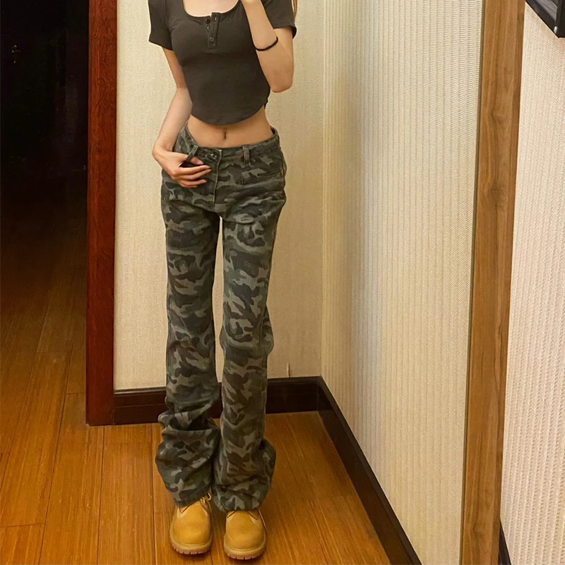 

High Waist Bell Bottom Denim Jeans Women's Extended Length Tall Size Floor Length Workwear Trousers Trendy Ins Camouflage