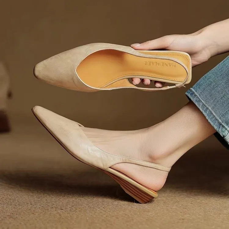 Women's French Vintage Soft Leather Stylish Flat Sandals, Pointed Toe, New Backless Closed-Toe Shoes - view 5