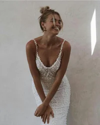 Elegant Mermaid Wedding Dresses V-neck Sleeveless Lace Applique Bridal Gown Backless Sweep Train Vestidos De Novia Customized
