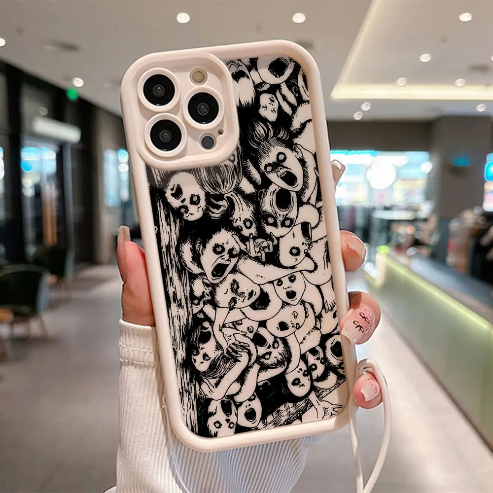 Junji Ito horror Hot Anime Custodia per telefono per IPhone 15 14 13 12 11 Pro Max Mini XR XS 7 8 Plus Cover posteriore morbida in TPU con cinturino