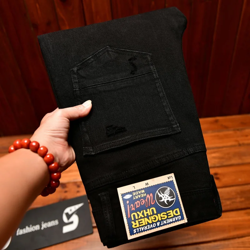 

Black ripped jeans men's fashionable street trend American handsome retro nostalgic slim fit small leg denim pants