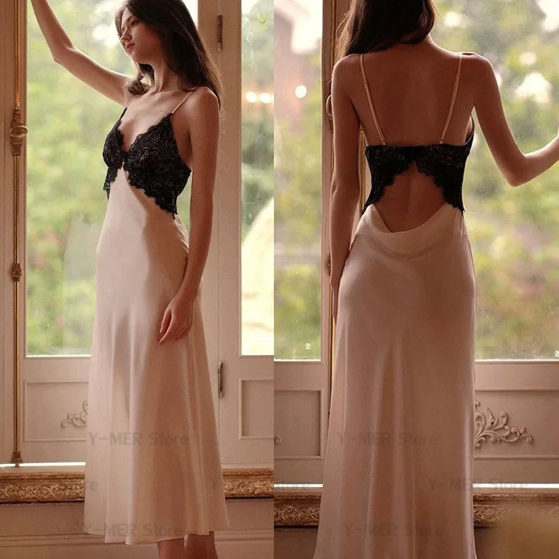 

Sexy Chemise Sleepwear Lace Backless Nightdress Ice Silk Pajamas Female Lingerie Long Home Dressing Gown Nightgown Loungewear