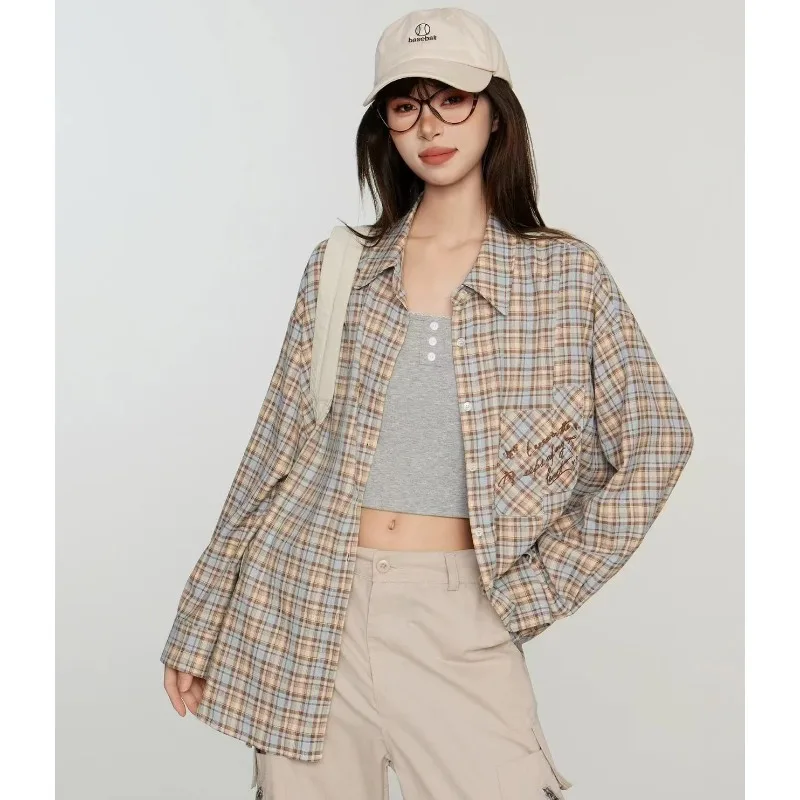 Spring Autumn Fashion Women Vintage Chic Plaid Shirt Long Sleeve Blouse Y2K Streetwear Checkered Casual Outerwear Female Tops