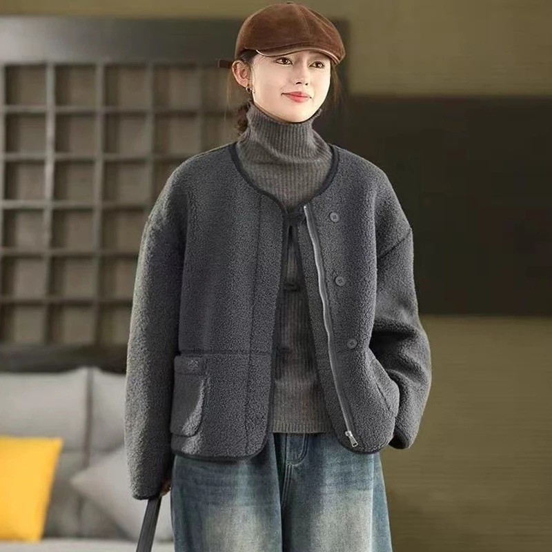 

Толстые теплые повседневные пальто, женское новое поступление, зима 2025 года, простой стиль, с круглым вырезом, однотонные женские базовые куртки с длинными рукавами M2039