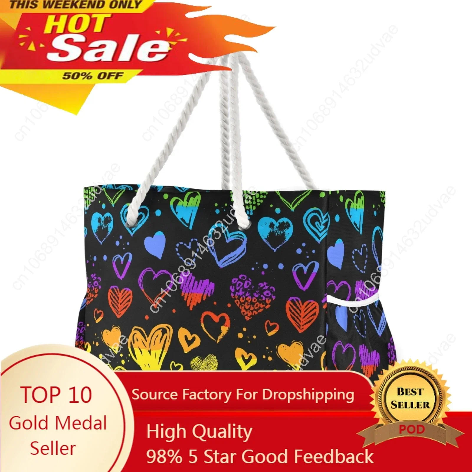 Bolso de hombro impermeable para mujer, bolsa de playa de gran capacidad, con estampado de lunares y corazones de arcoíris, ideal para viajes, novedad de 2021