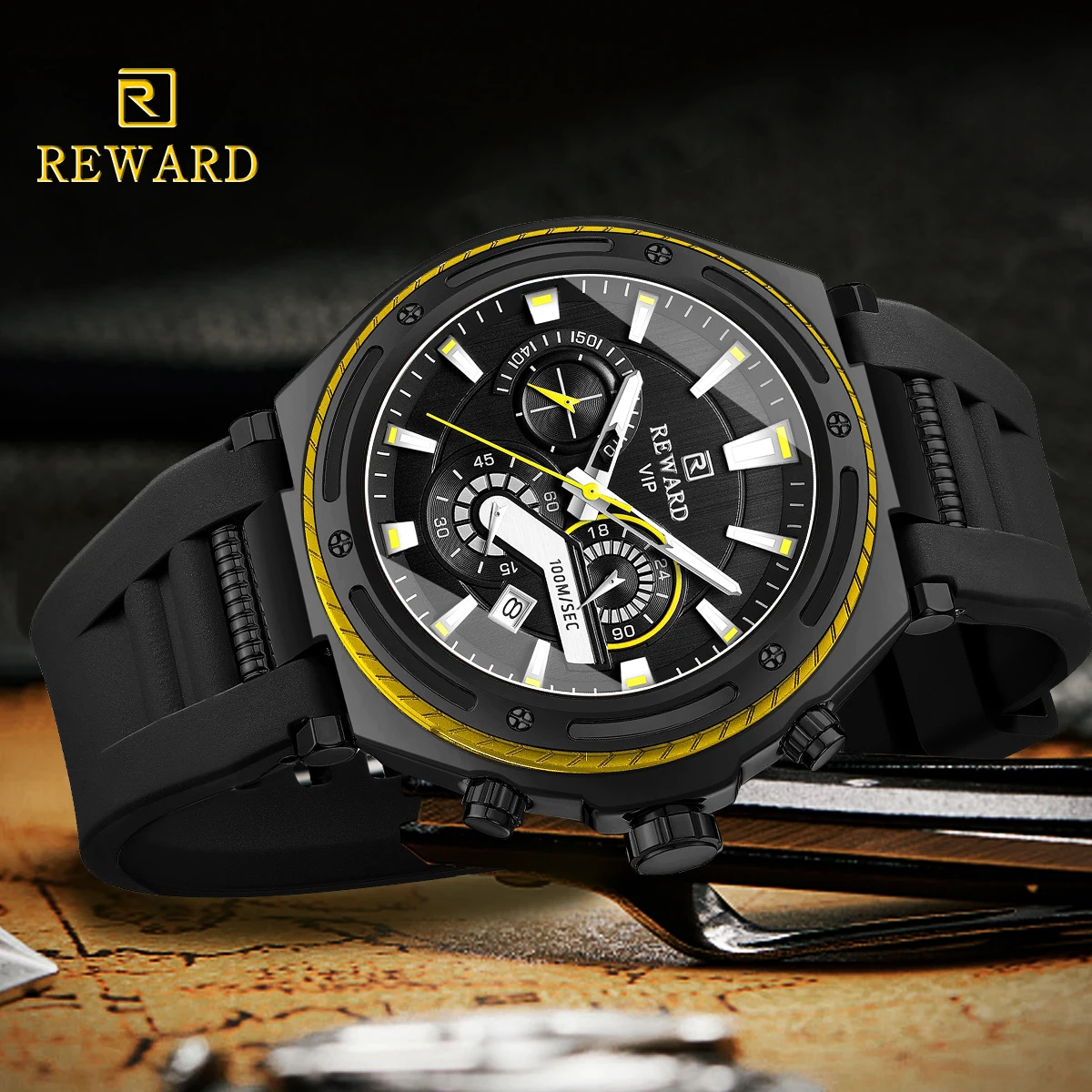 

Награда, черные, желтые кварцевые часы, спортивные часы, мужские наручные часы с хронографом, Clack Man, светящиеся стрелки