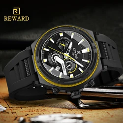 REWARD Black Yellow Quartz Watches Sport Watch Men Chronograph Wristwatches Clack Man Luminous Hands
