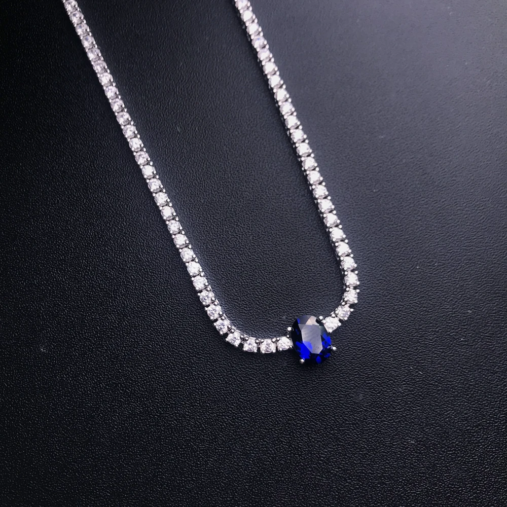 CSJ Real 925 Sterling Silver Tennis Chain Necklace 16/18 Inch Setting Pave Sparkly Zircon 2mm Sapphire for Women Jewelry Gift