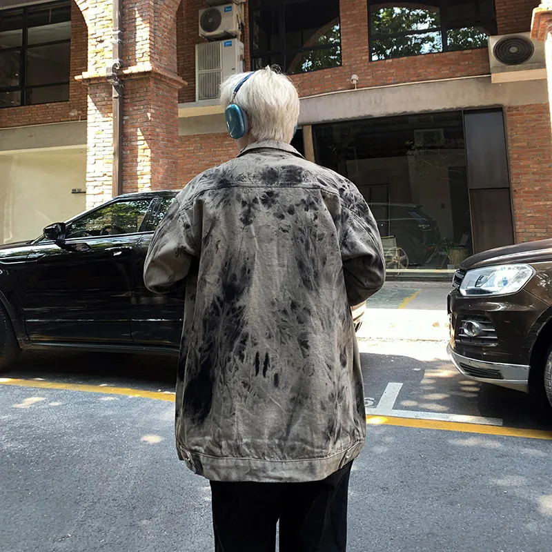 

Trendy Tie-Dye Waed Denim Jaet for Men Spring Autumn 2024 New American Sle Workwear Jaet Loose Fit Cotton 00%