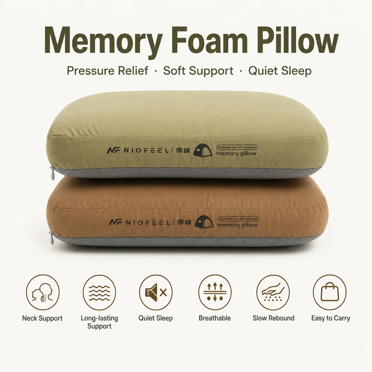 Almofada de espuma de memória macia com recuperação lenta, almofada cervical portátil para acampamento ao ar livre, almofada para descanso noturno, almofada de apoio para o pescoço