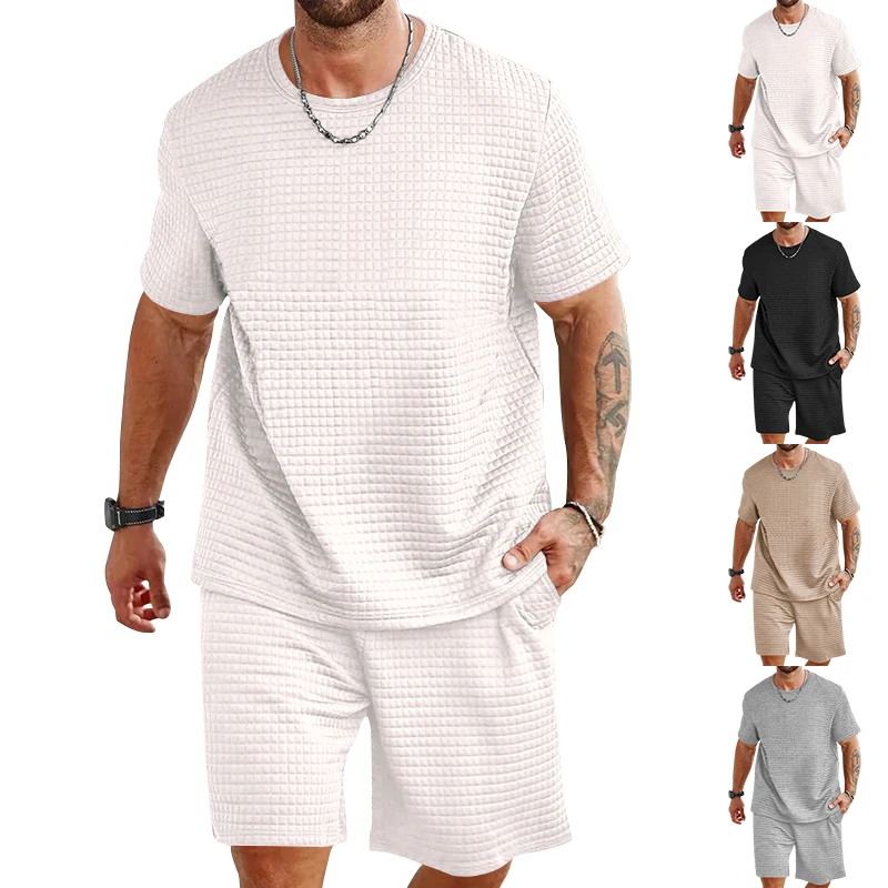 

Summer Fashion Men's Set Jacquard Texture Men's Wear Crew-neck Short-sleeved T-shirt And Short Two-piece Set Sales Promotion