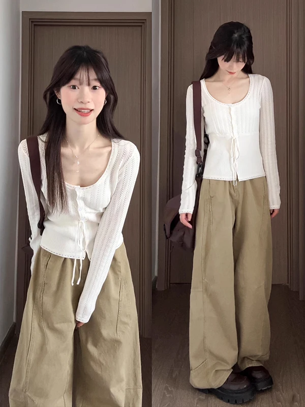 

Ретро-джинсы женские в американском стиле, цвет хаки, свободные, прямые, с высокой талией, осенние, модные, широкие, длинные брюки-мешки