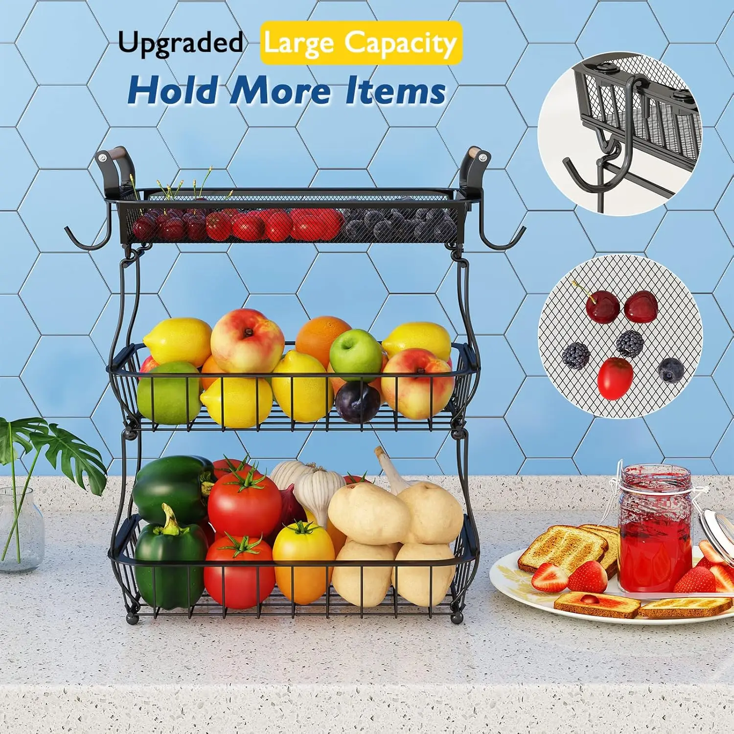 

3-layer fruit basket with 2 banana racks, countertop fruit and vegetable basket bowls, kitchen countertop fruit rack