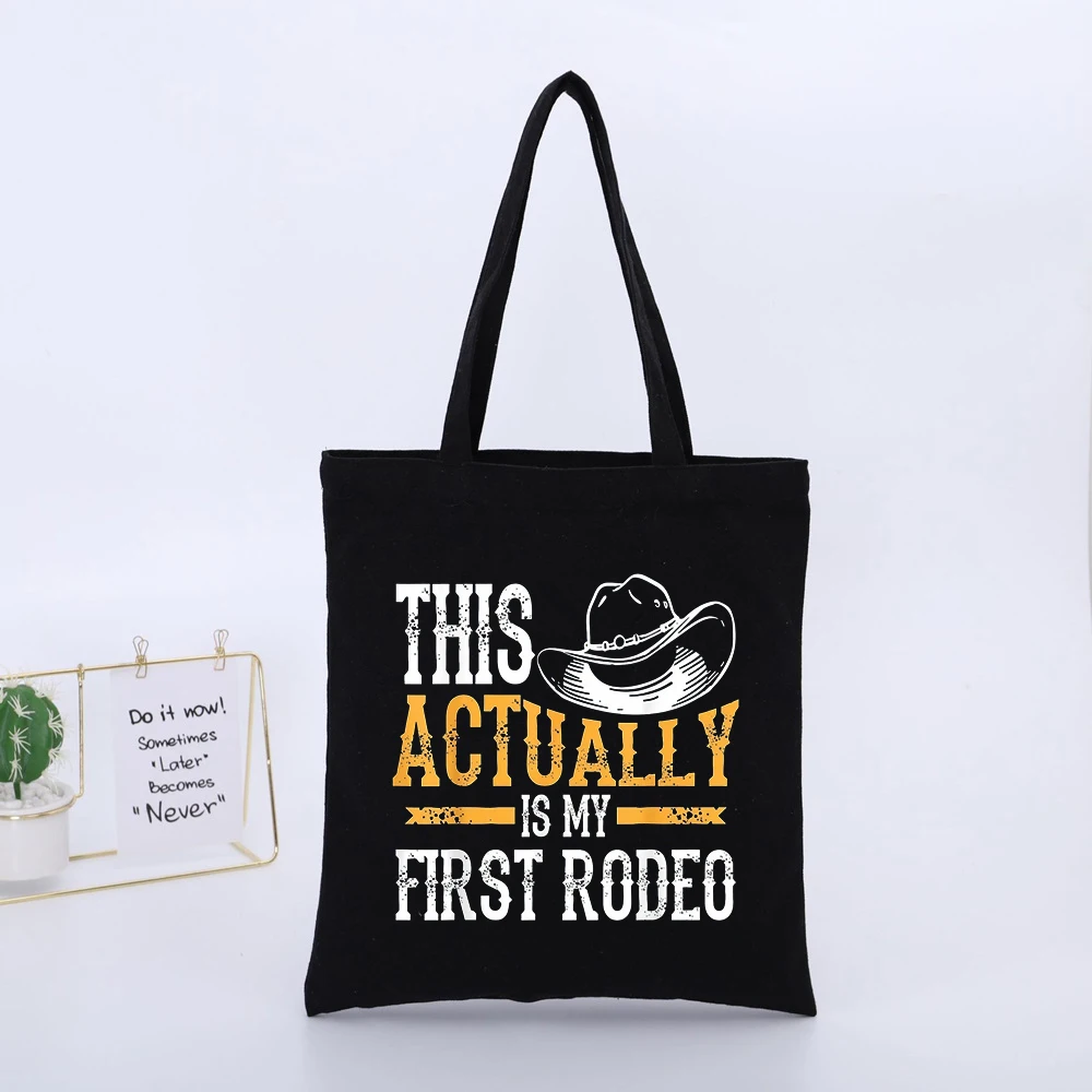 THIS ACTUALLY IS MY FIRST RODEO Western Cowboy Hat Print Canvas Tote Bag, Vintage Style for Casual Daily Use