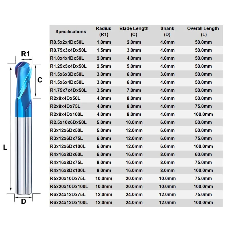 AZZKOR HRC50/55/70 2-Flute R0.5-R6.0mm CNC Machine Machining Milling Cutter Carbide Ball End Mills For Steel/Aluminum Processing