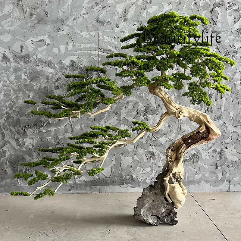 Yingke Pine Imitative Tree Large Fake Trees Chinese Indoor Landscape Window Root-Covered Stone Landscape