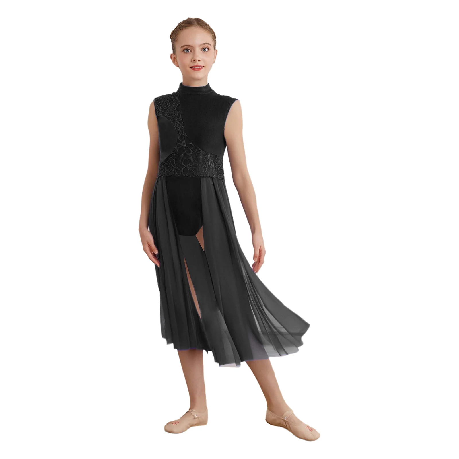 Kids Girls Patchwork Dance Dress Lyrical Floral Lace Mock Neck Cutout Back Sleeveless Leotard Dress for Performance