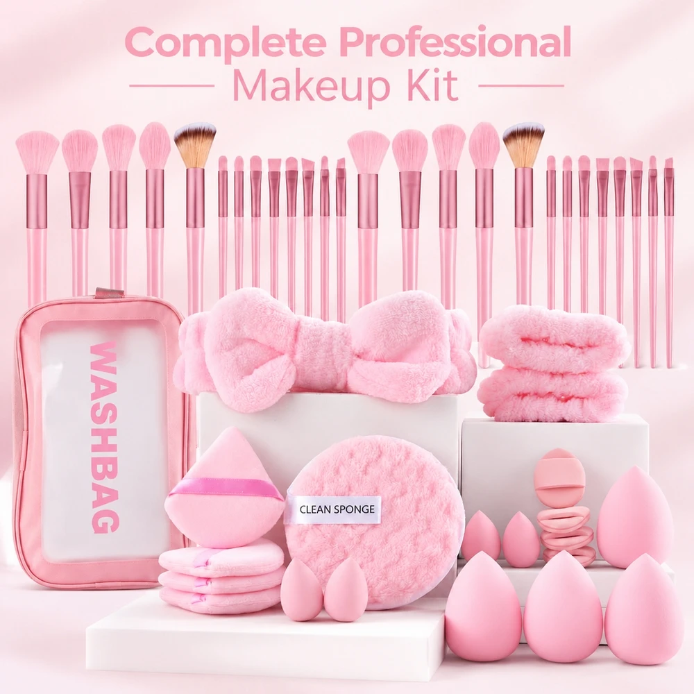 Holiday Gift Makeup Set 26 Pink Brushes 4 Triangle Puffs 1 Round Sponge 8 Beauty Eggs and Practical Pouch