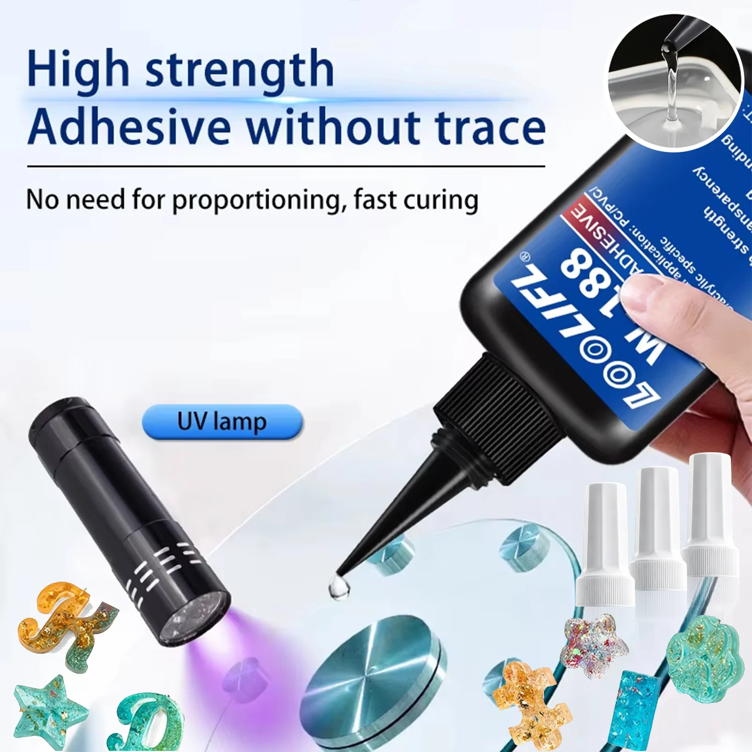 50g New W-188 High-Strength UV-Curing Resin Adhesive (Equipped With UV Flashlight) Suitable For Glass Crystal And Handmade DIY