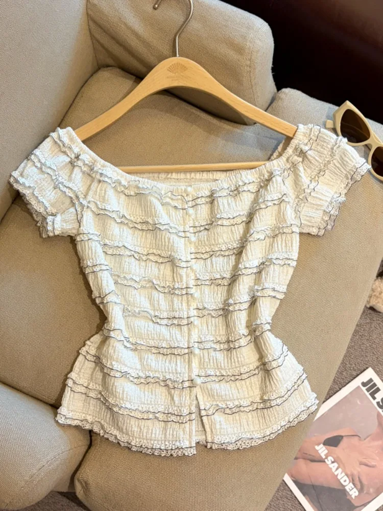 

Sweet Style Lace Trim Short Sleeve Shirt Women's Slim Fit Shoulder Bared Summer New Fashion Casual Top City Walk Open Cardigan