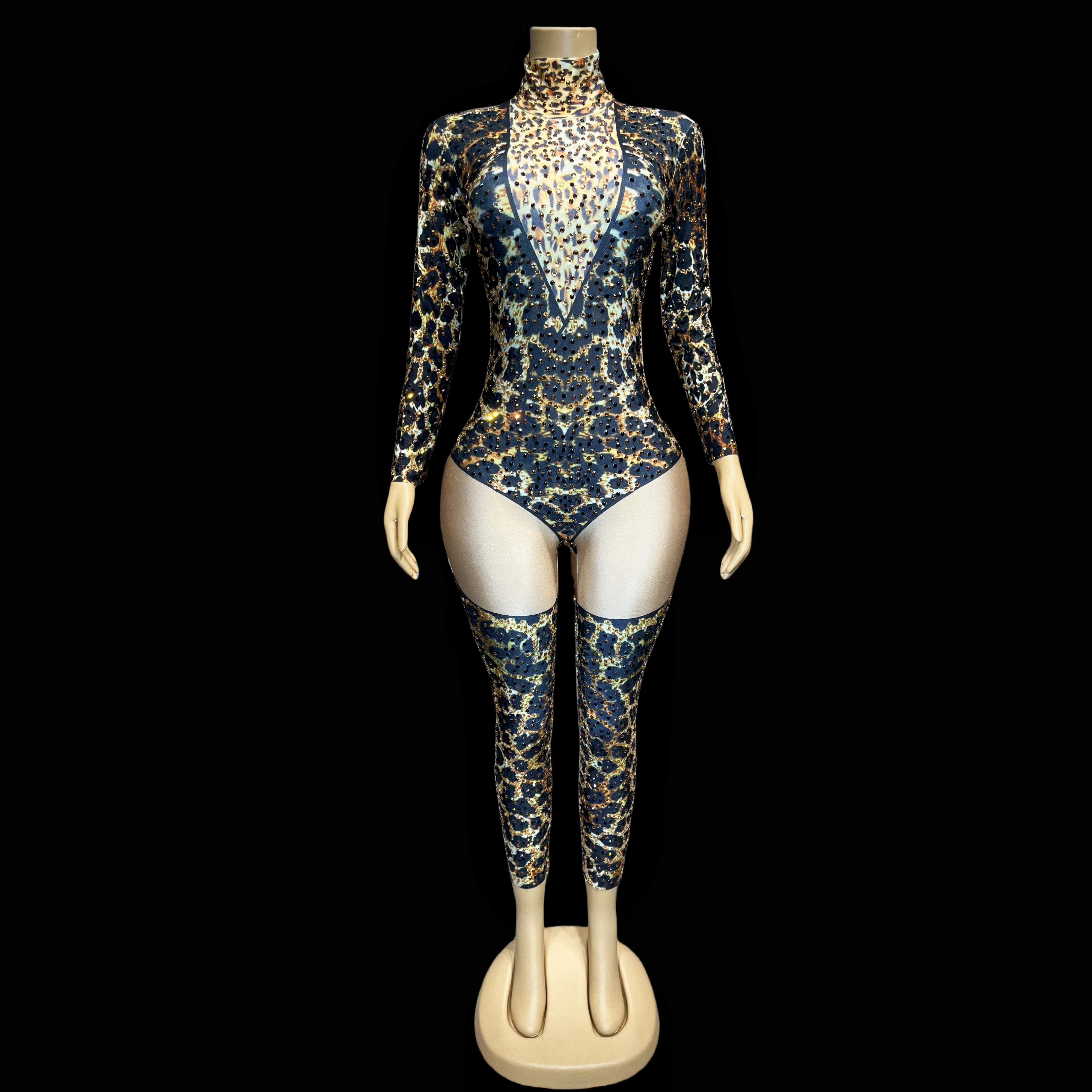 

Sexy leopard print rhinestone spandex version and mesh version long-sleeved jumpsuit, birthday dance dress liebao