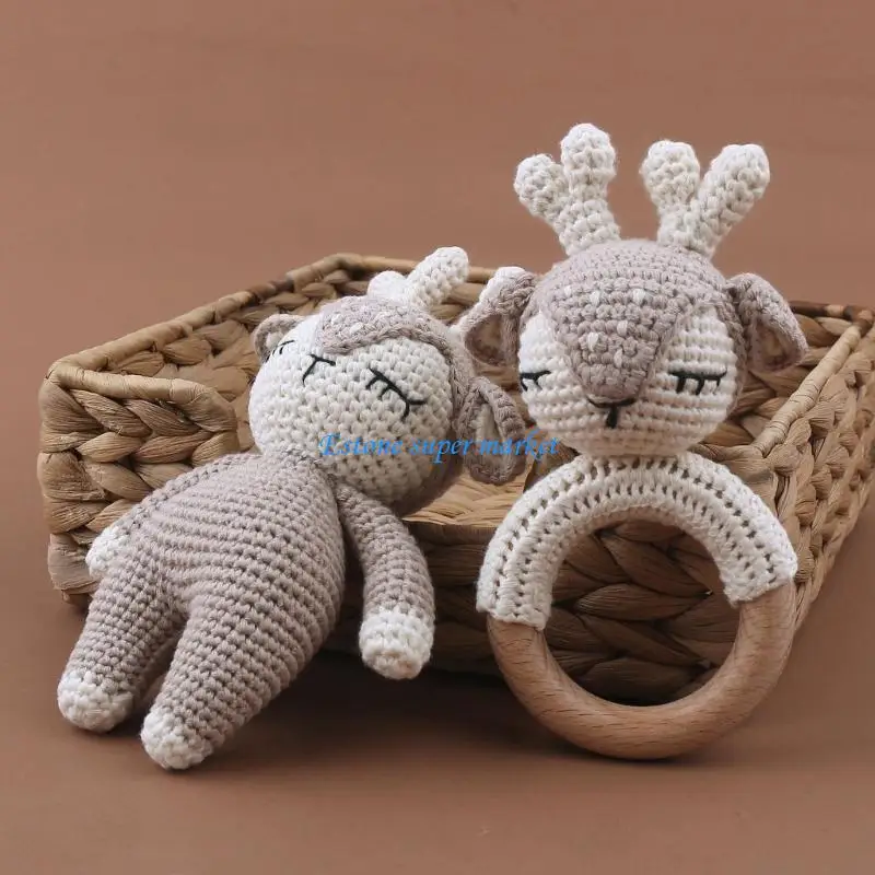 090B Crochet Animal Baby Rattle Handhold Teething Toy Teething Relief Knitted Deer Dolls for Infant Baby Sleep Toy