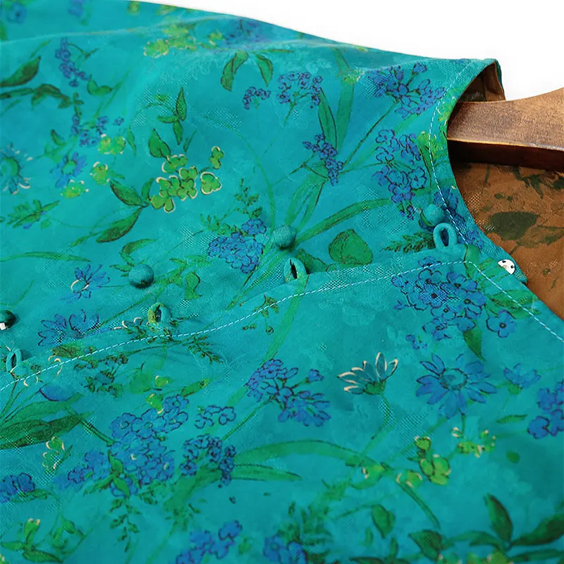 BirdTree-32MM Watered Gauze Silk Elegant Shirt, Women O Neck Jacquard Button, Retro Commute Loose Blouse, 2025 Summer T57327CC