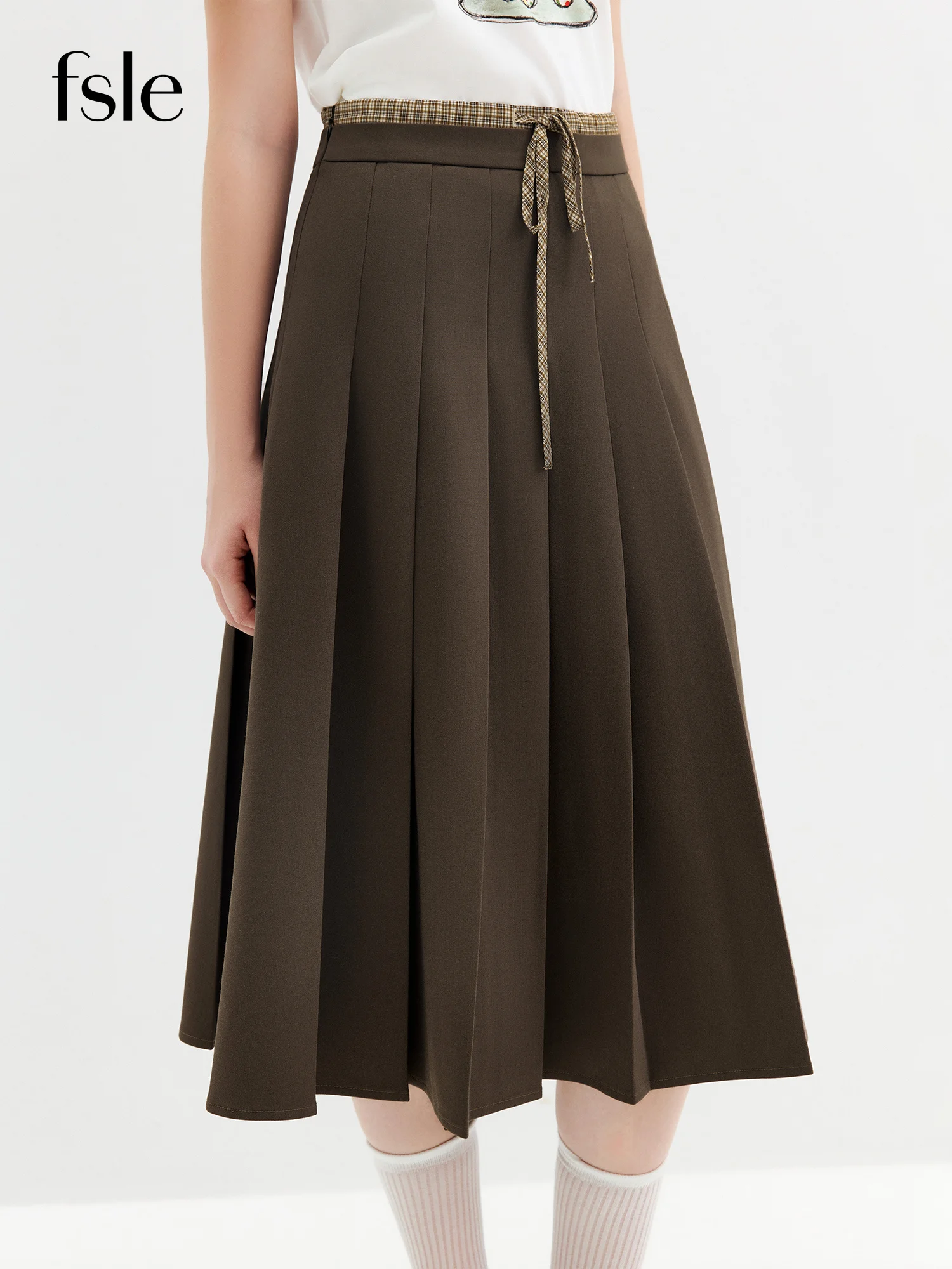FSLE 2026 Autumn New Arrival Women's Plaid Spliced High-Waisted A-Line Skirt Elegant Blazer Style Pleated Skirt OL style Skirts