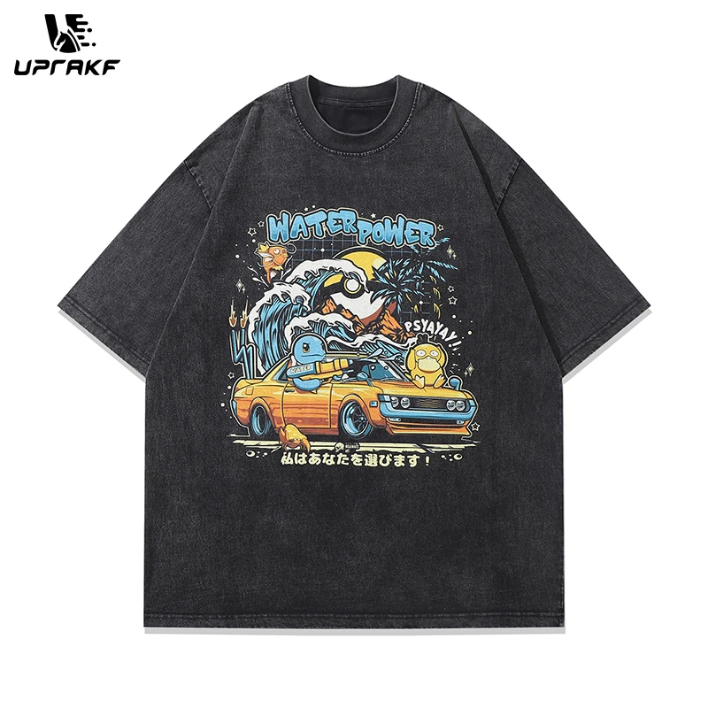 UPRAKF Vintage T Shirts Washed Loose Cotton Fashion Japanese Anime Print Tee Casual Streetwear Round Neck Summer Short Sleeve