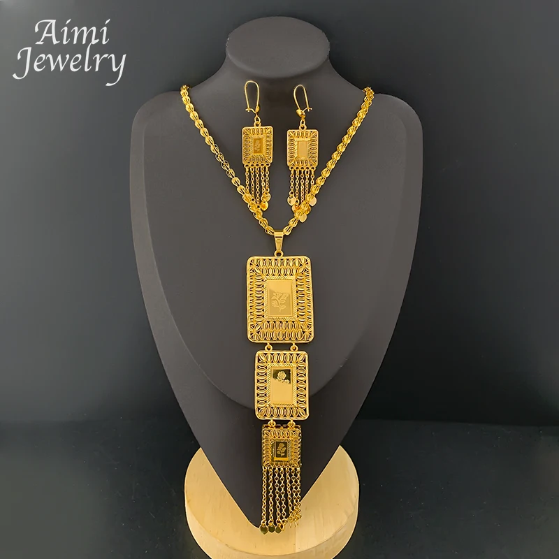 Arabic Golden Jewellery Tassel Design Bohe Dubai Gold Plated Jewelry Set for Women Necklace Earrings Bridal Party Wedding Gifts