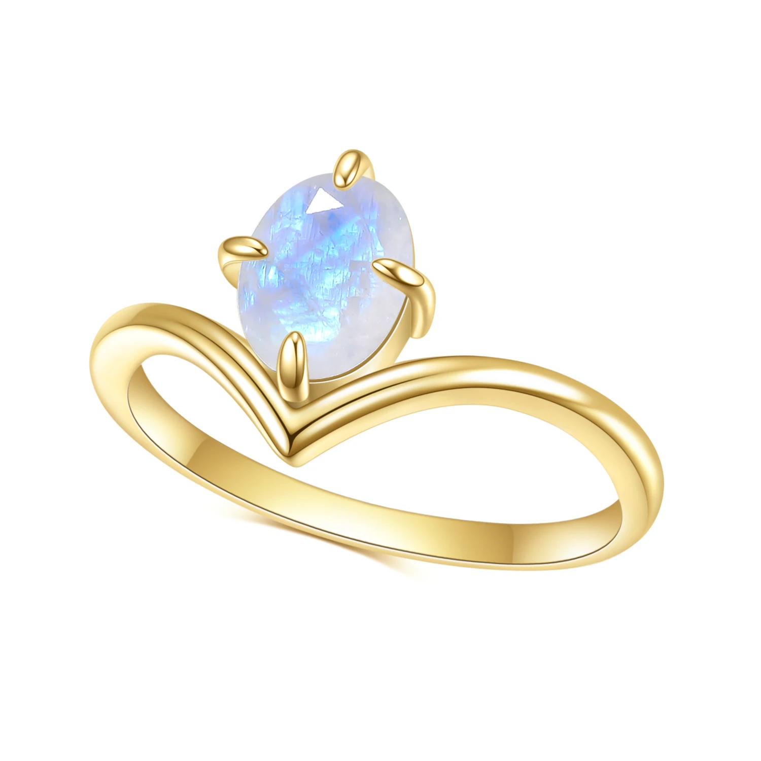 GEM'S BALLET Gold Curved Ring Natural Milky Blue Moonstone Wedding Engagement Rings in 925 Sterling Silver Healing Gift