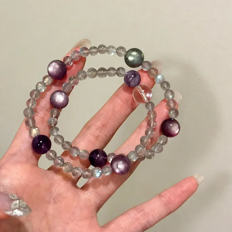 Natural amethyst gray moonlight bracelet women's double circle niche design light luxury crystal bracelet for girlfriend gift