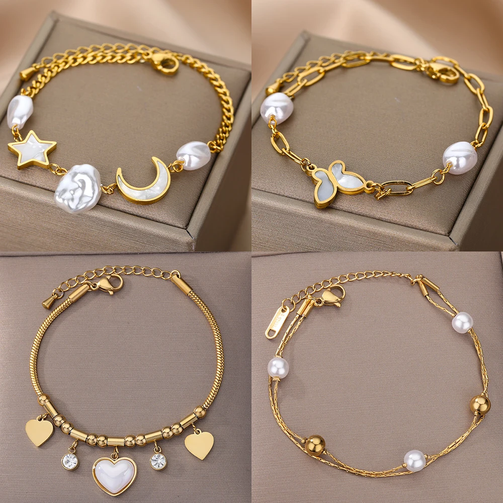 Stainless Steel Fashion Link Chain Bangle Bracelet for Women Gold Color Star Moon Zircon Pearl Bracelet Charm Jewelry Girl Gift