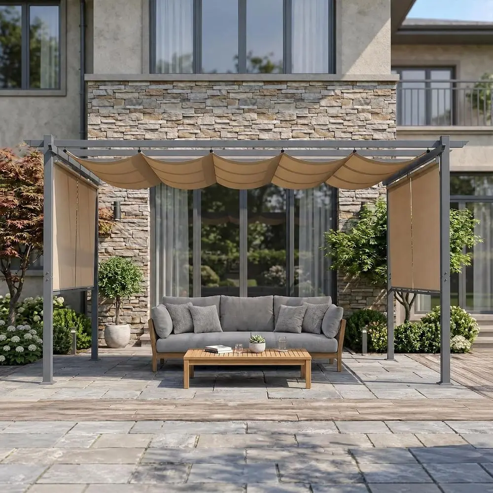 10 x 12 Outdoor Pergola with Retractable Shade, Matte, 4 Roller Shade Curtains, Grape Trellis, Patio, Backyard, Garden, Deck, Br