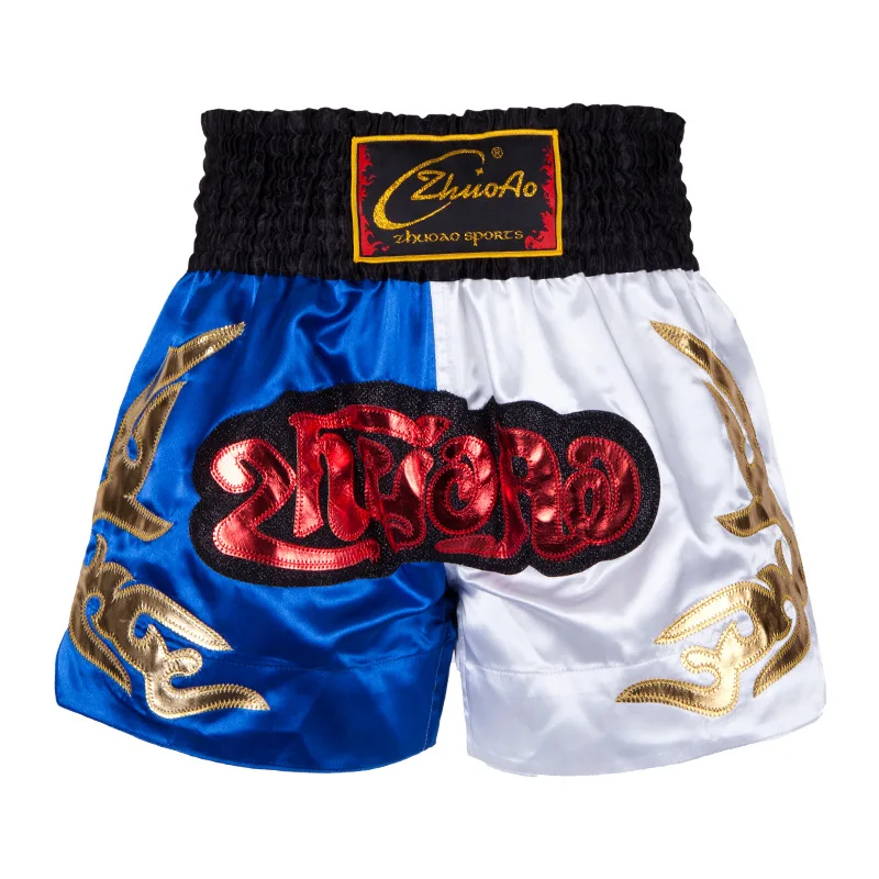 Zweifarbige Blau-Weiße Muay Thai Shorts mit Satin-Elastikbund und Thai-Stickerei für Kickboxen, MMA, Kampfsport für Männer und Kinder