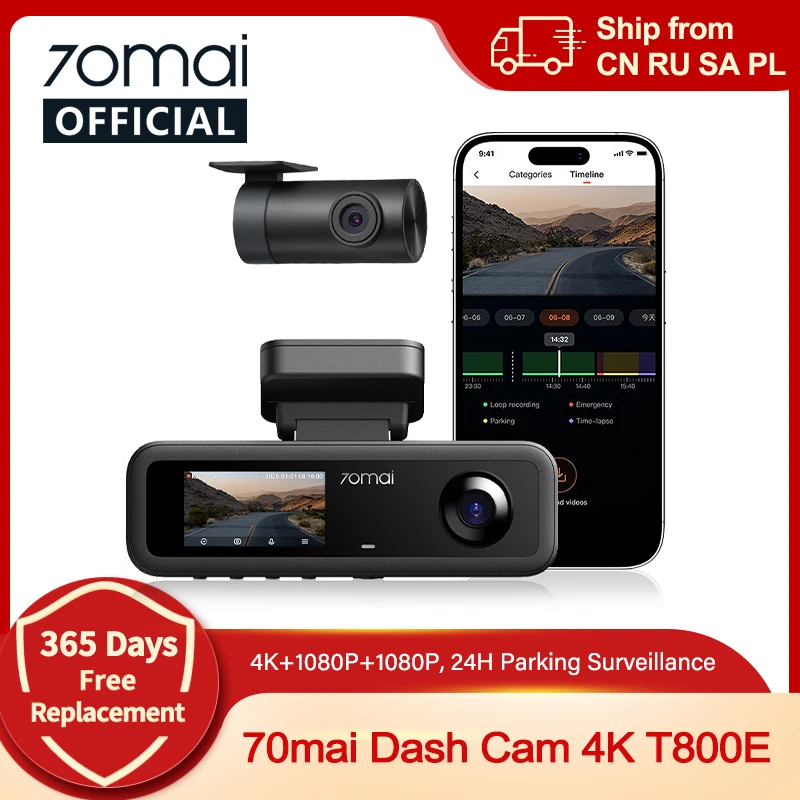 70mai 3-Channel Dash Cam T800E 4K HDR F1.55 Aperture Supercapacitor Voice Control GPS Car DVR 70mai T800E WiFi 6 5GHz