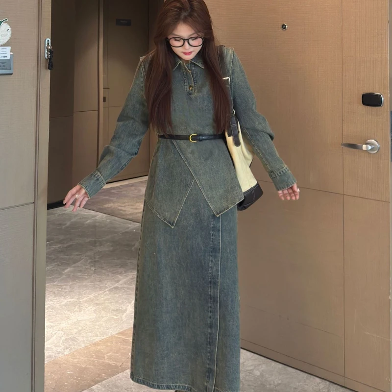 

Women's spring new fashion denim two-piece set loose laple collar irregular hem design top and high waisted A-line skirt
