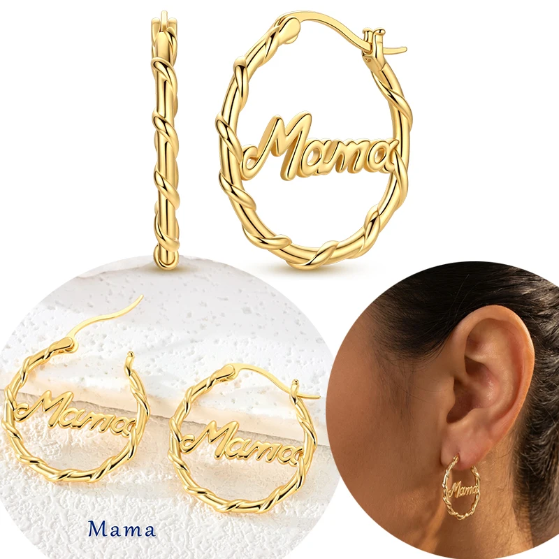 Original 925 Sterling Silver Golden Entangle Mama Letter Big Circle Hoop Earrings For Women Jewelry Mother Gift