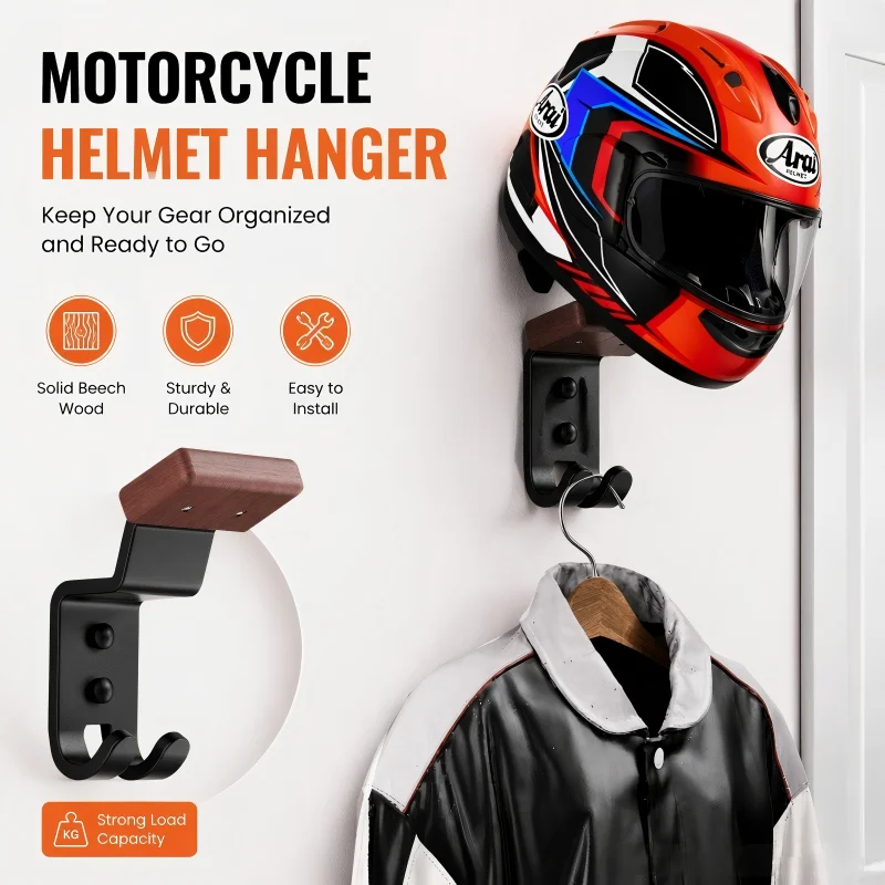 Motorcycle Helmet Holder, Beech Wood Wall Mount Helmet Rack, Safety Helmet Display Stand for Scooter E-bike, Hat Rack