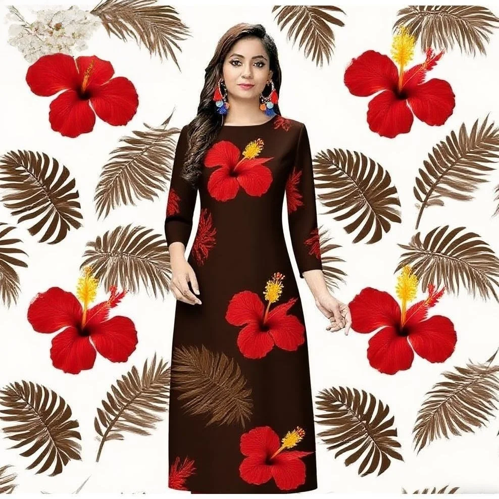 فستان نسائي مسلم كورت عصري ومريح مع أنبوب مستقيم وزهور على الطراز الوطني Musluman Bayan Elbise