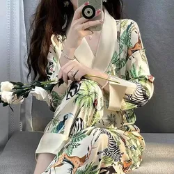 Womens Pajama Sets Imitation Silk Green Forest Animal Print