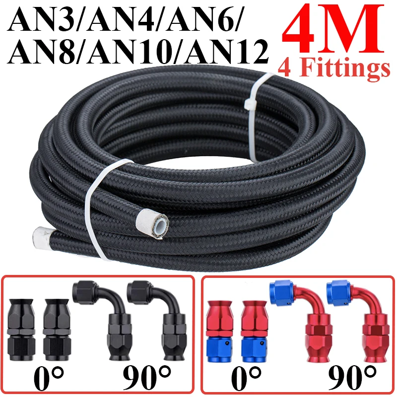 

4M AN3 AN4 AN6 AN8 AN10 AN12 E85 PTFE Fuel Hose Oil Gas Cooler Hose Line Pipe Tube Nylon + 0 90 Degree Swivel Hose End Fittings