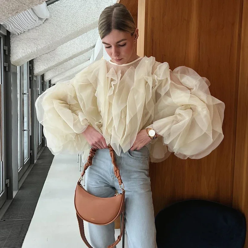 

Женская рубашка с длинными рукавами и рюшами, модный однотонный повседневный топ, новинка 2025, свободные сетчатые женские блузки с круглым вырезом