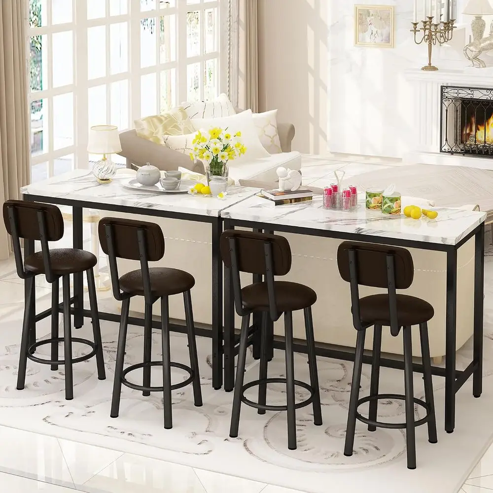 3 Piece Bar Table Set, 2.39.3 Pub Bar Table and Chairs Set, Marble Bar Height Table with 2 Backrest Stools, Small Dining Table,