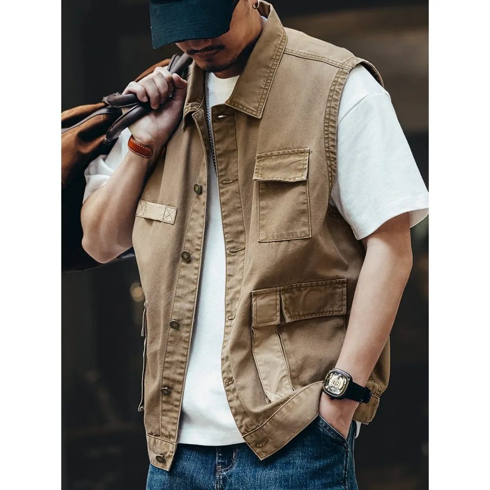 ملابس عمل قماشية عصرية للخريف للرجال، سترة من قماش الدنيم، صدرية متعددة الجيوب