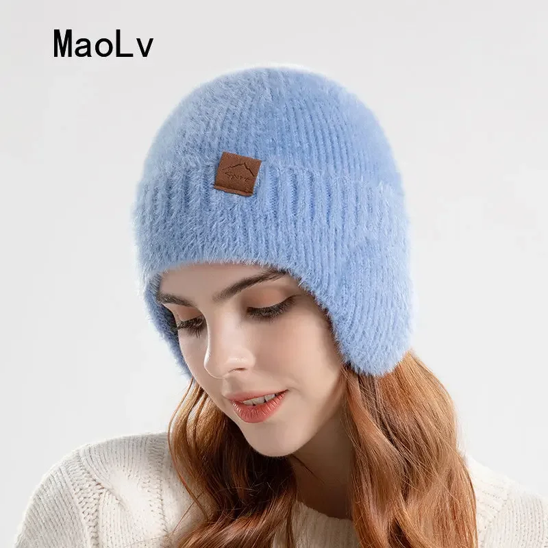 Mink Fur Earflap Winter Hat Women Fashion Faux Fur Warm Knitted Hat Kpop Style Soft Ear Protection Beanies Men Streetwear Cap