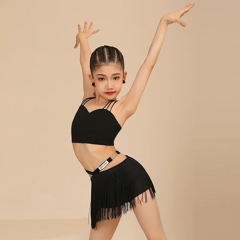 Tops Kwastje Korte Kwastje Rok Pak Cha Cha Oefenkleding 2025, Nieuw Kind Latin Danskostuum Set voor Meisjes Zomer Zwarte Band